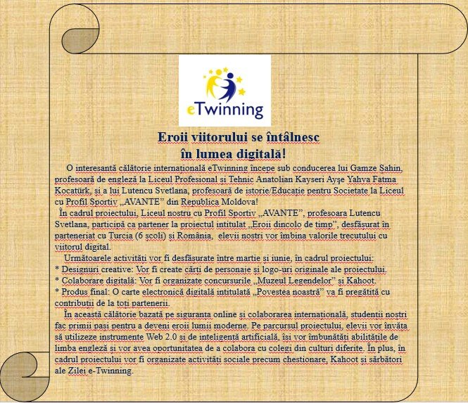 Proiectul e-Twinning "Eroii viitorului se întâlnesc în lumea digitală! "